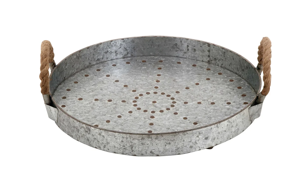 Benzara BM216569 Round Shape Metal Tray Top with Rope Handles, Galvanized Gray