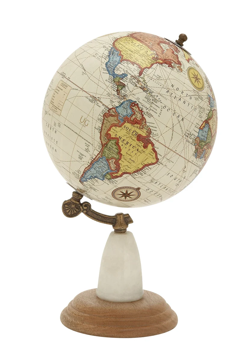 Benzara BM216573 14 Inch Round Globe with Printed Map Design and Wooden Base, Multicolor