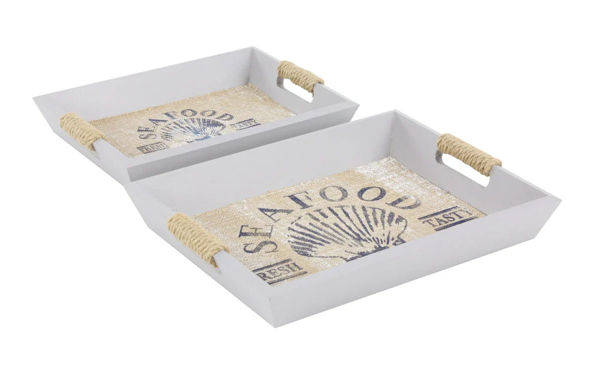 Benzara BM216596 Wooden Tray with Cut Out Handle and Scripted Details, Set of 2, White