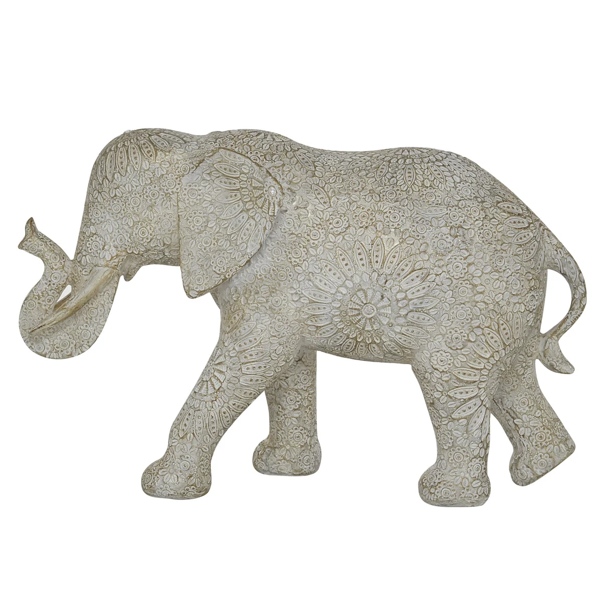 Benzara BM216600 Polyresin Elephant Figurine with Raised Trunk and Textured Body, White
