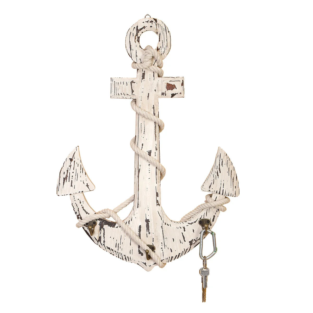Benzara BM216605 Wooden Anchor Wall Decor with Metal Hooks and Rope Accents, Weathered White