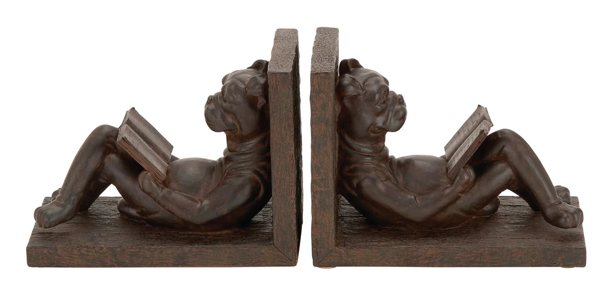 Benzara BM216611 Polystone Bookend Pair with Book Reading Bulldog, Brown