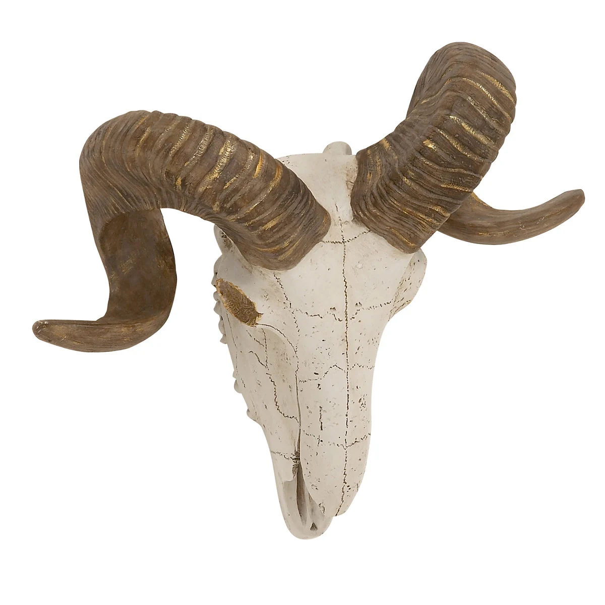 Benzara BM216620 Polystone Faux Ram Skull Wall Decor with Metallic Accents, White and Bronze