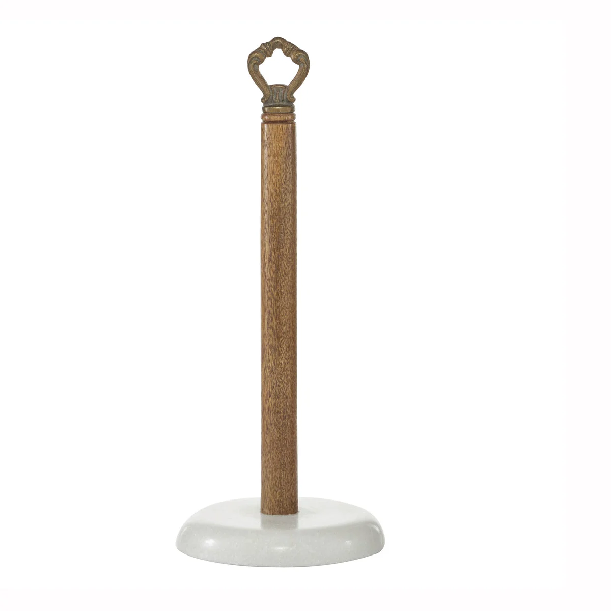 Benzara BM216633 Wooden Paper Towel Holder with Round Marble Base, Brown and White