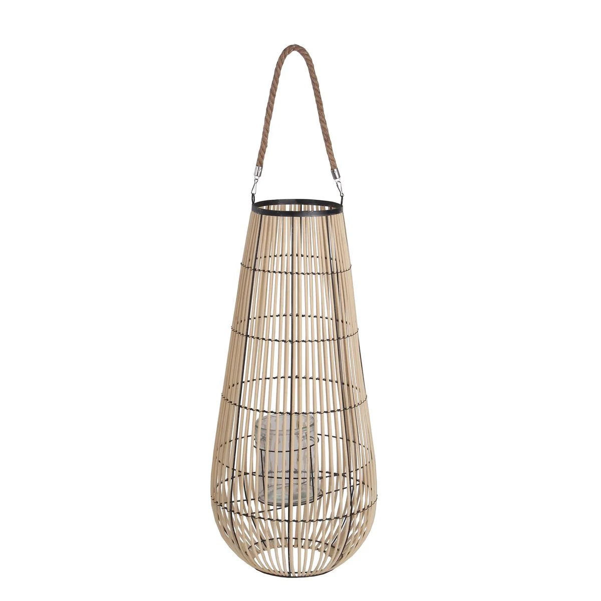 Benzara BM216919 Bellied Shape Bamboo Lantern with Open Cage Design and Rope Handle, Brown