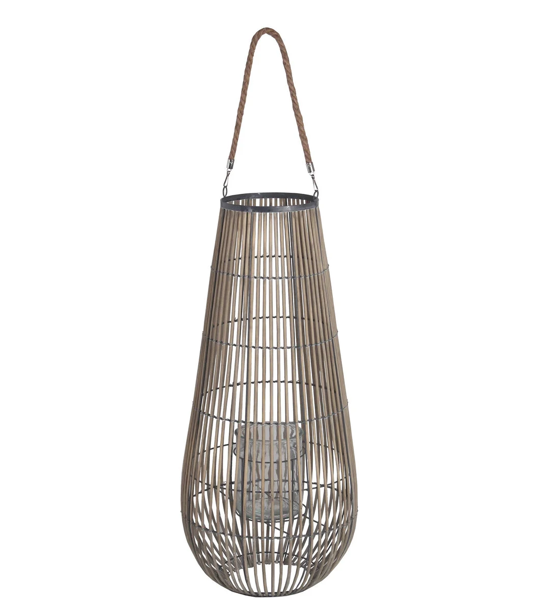 Benzara BM216920 Bellied Shape Bamboo Lantern with Open Cage Design and Rope Handle, Gray