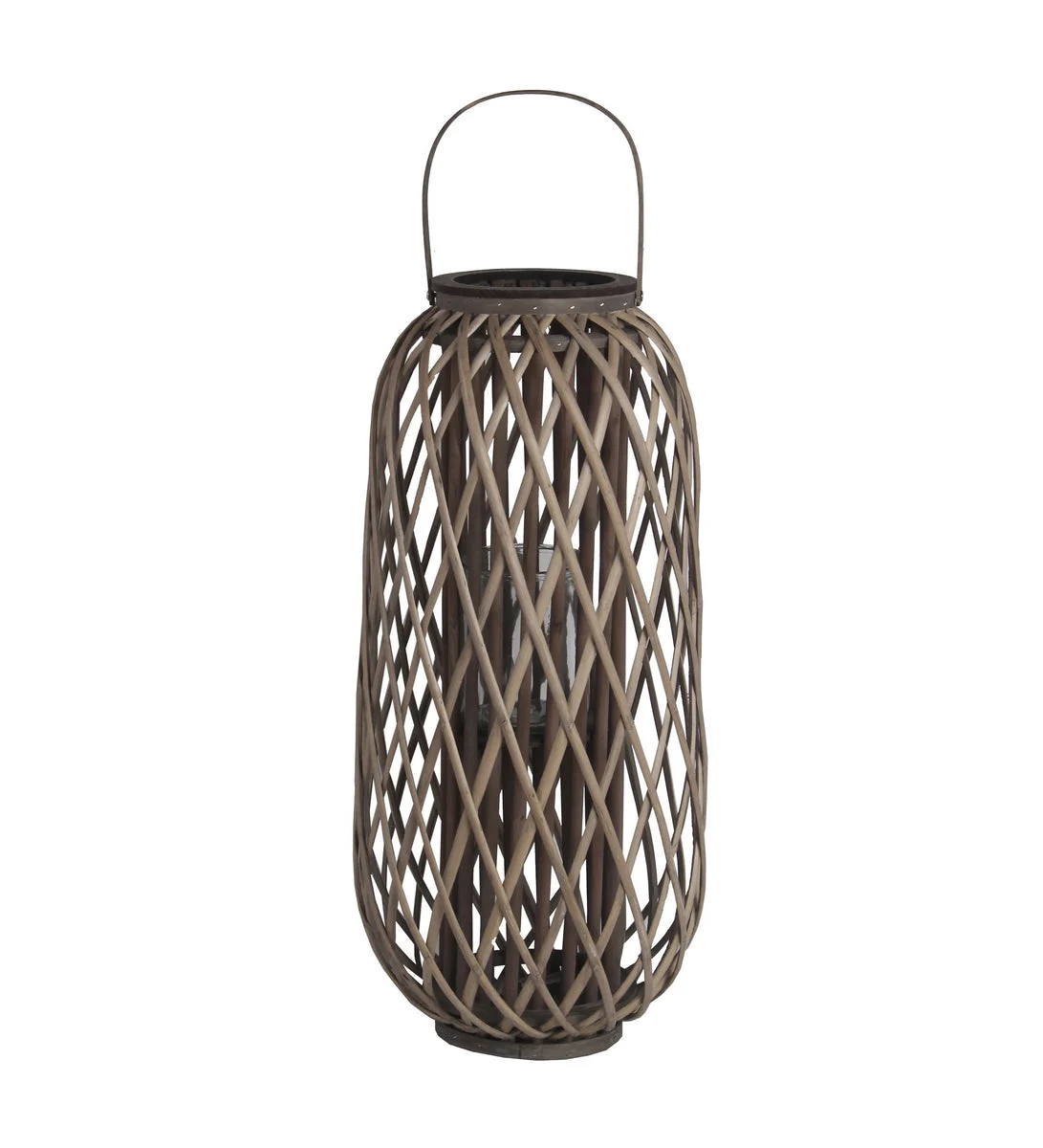 Benzara BM216921 Bellied Shaped Bamboo Lantern with Open Lattice Design, Medium, Gray
