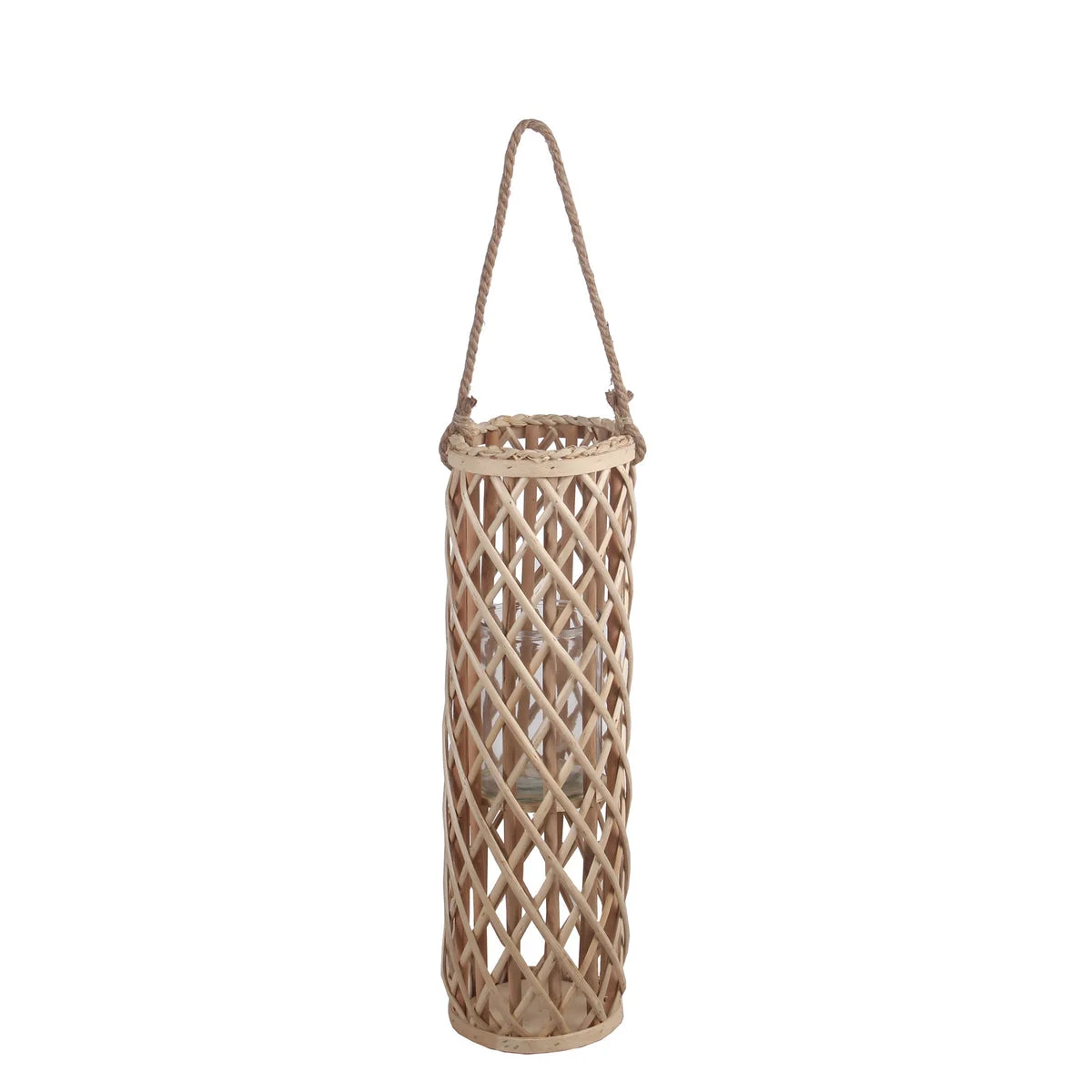 Benzara BM217014 Cylindrical Bamboo Lantern with Lattice Design and Rope Handle, Medium, Brown