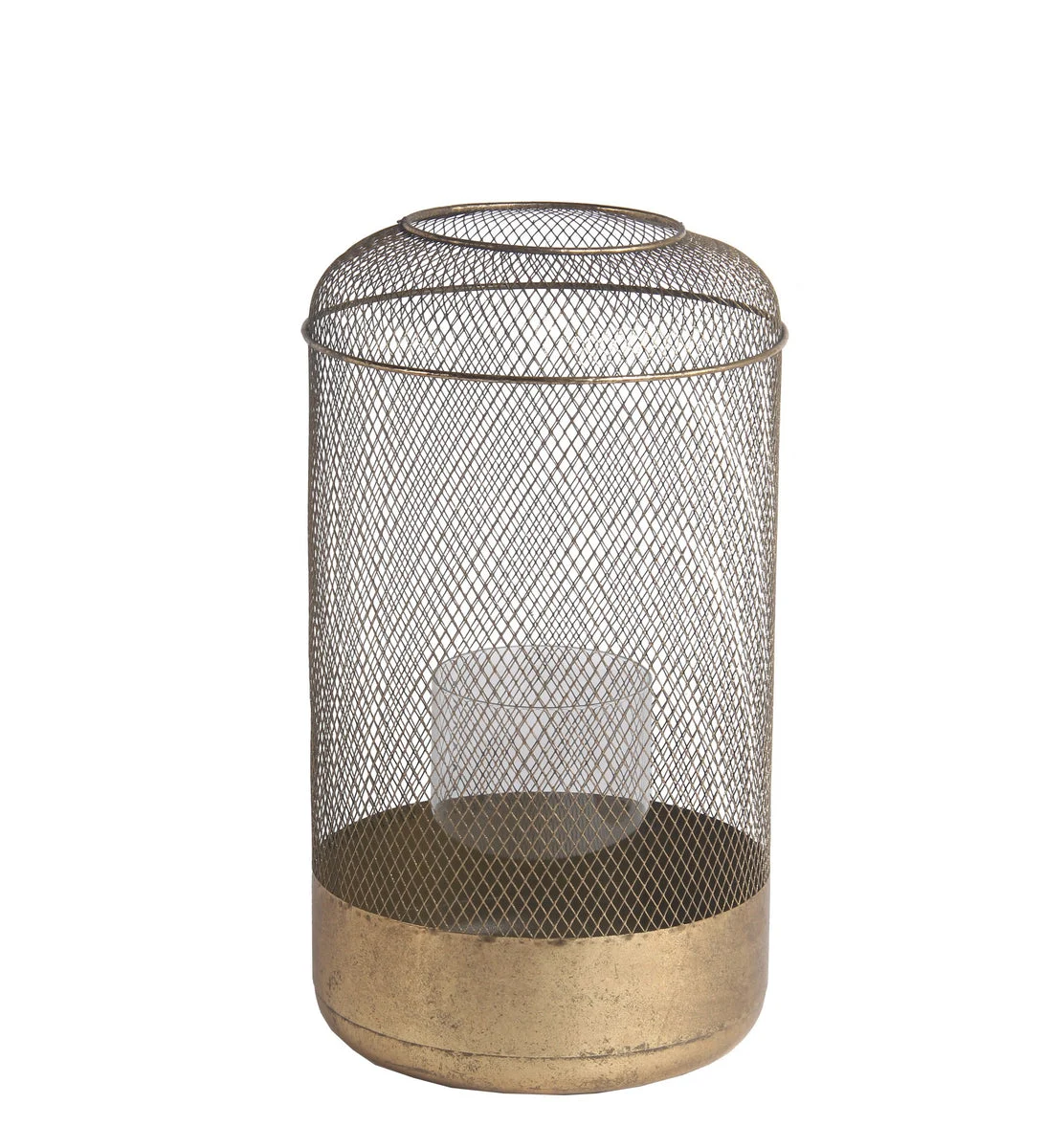 Benzara BM217104 Wire Mesh Cylindrical Metal Lantern with Glass Hurricane, Large, Antique Gold