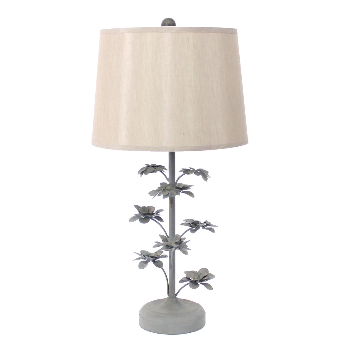 Benzara BM217241 Flower Tree Design Metal Table Lamp with Tapered Drum Shade, Gray and Beige