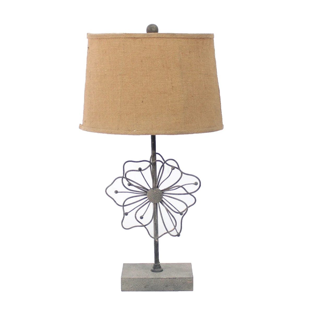 Benzara BM217243 Metal Table Lamp with Flower Accent and Block Base,Beige and Gray