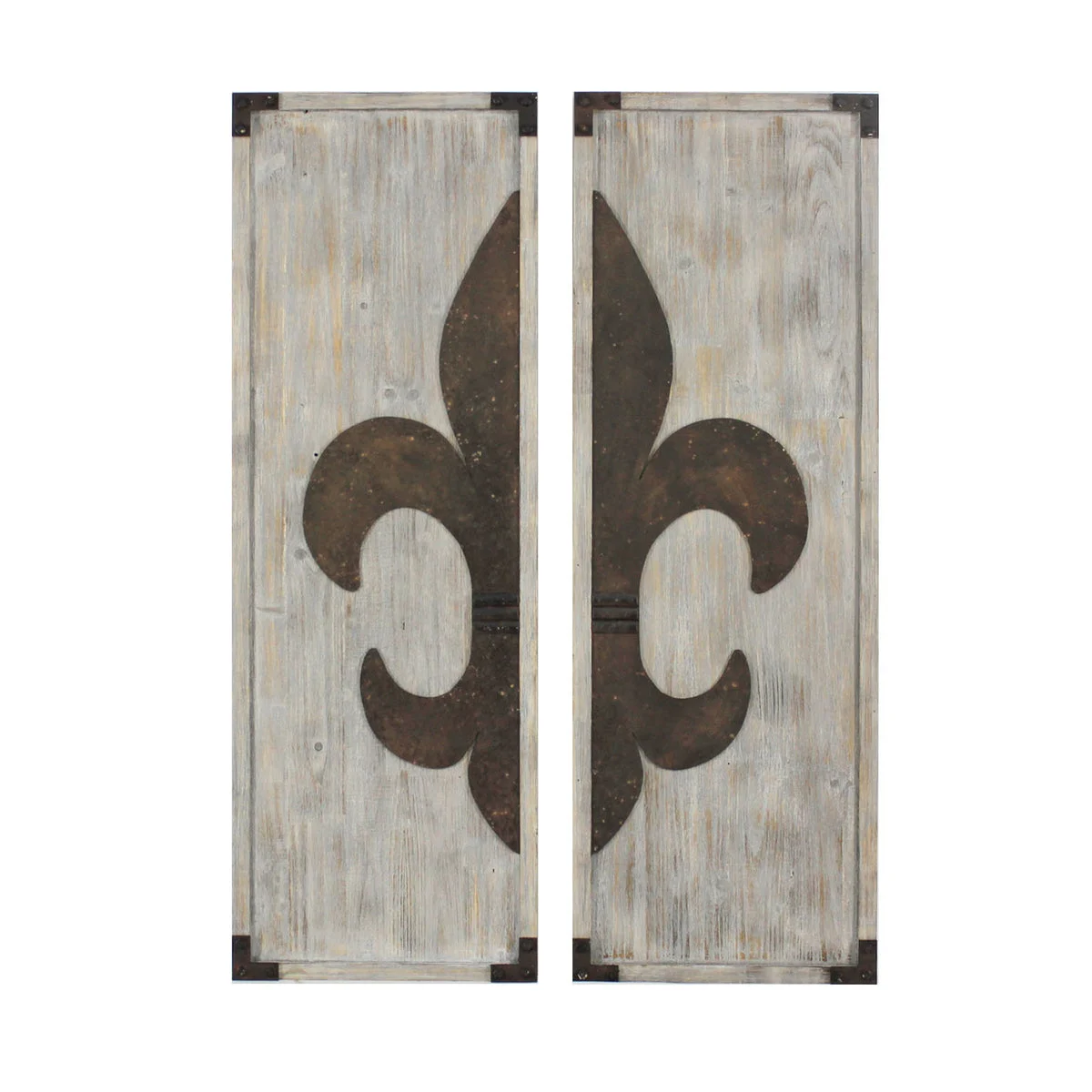 Benzara BM217253 Wooden Wall Plaque with Fleur De Lis Pattern, Set of 2, Bronze and White