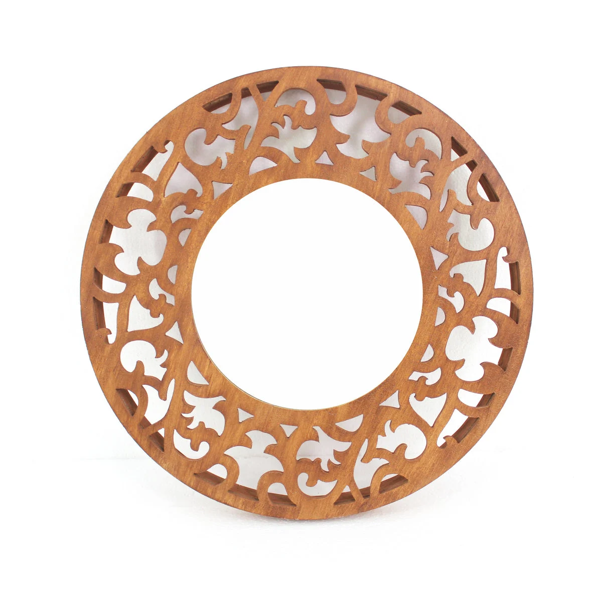 Benzara BM217267 Round Wooden Wall Mirror with Scroll Cut Out Design, Silver and Brown