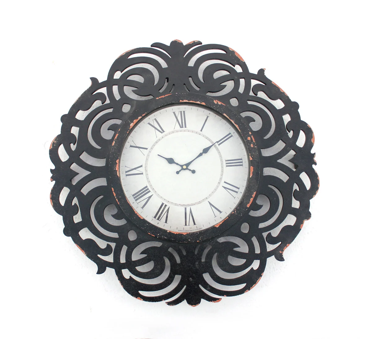 Benzara BM217268 Round Metal Wall Clock with Scroll Design Frame, Antique Black