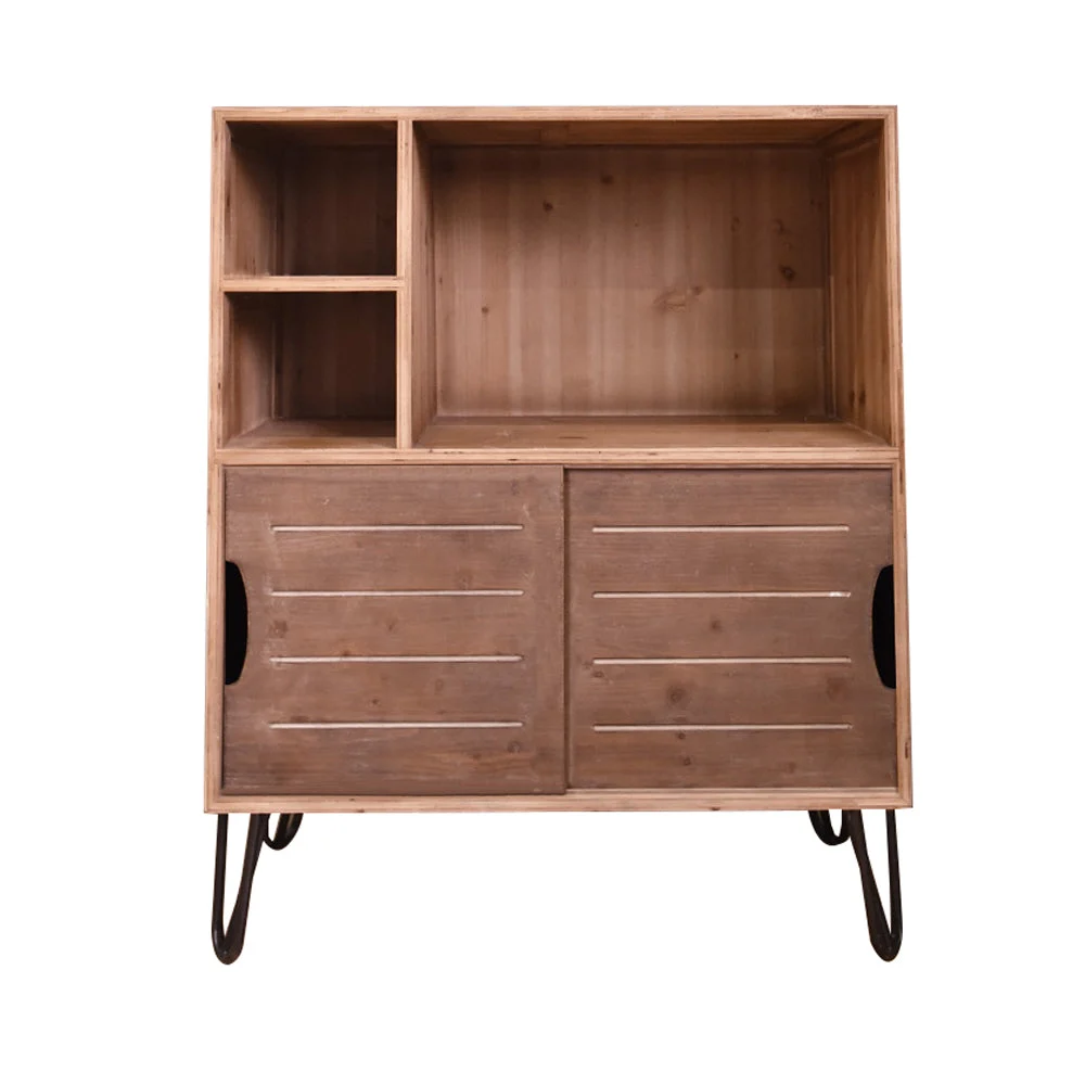 Benzara BM217277 Wooden Storage with 3 Open Compartments and 2 Sliding Doors, Brown