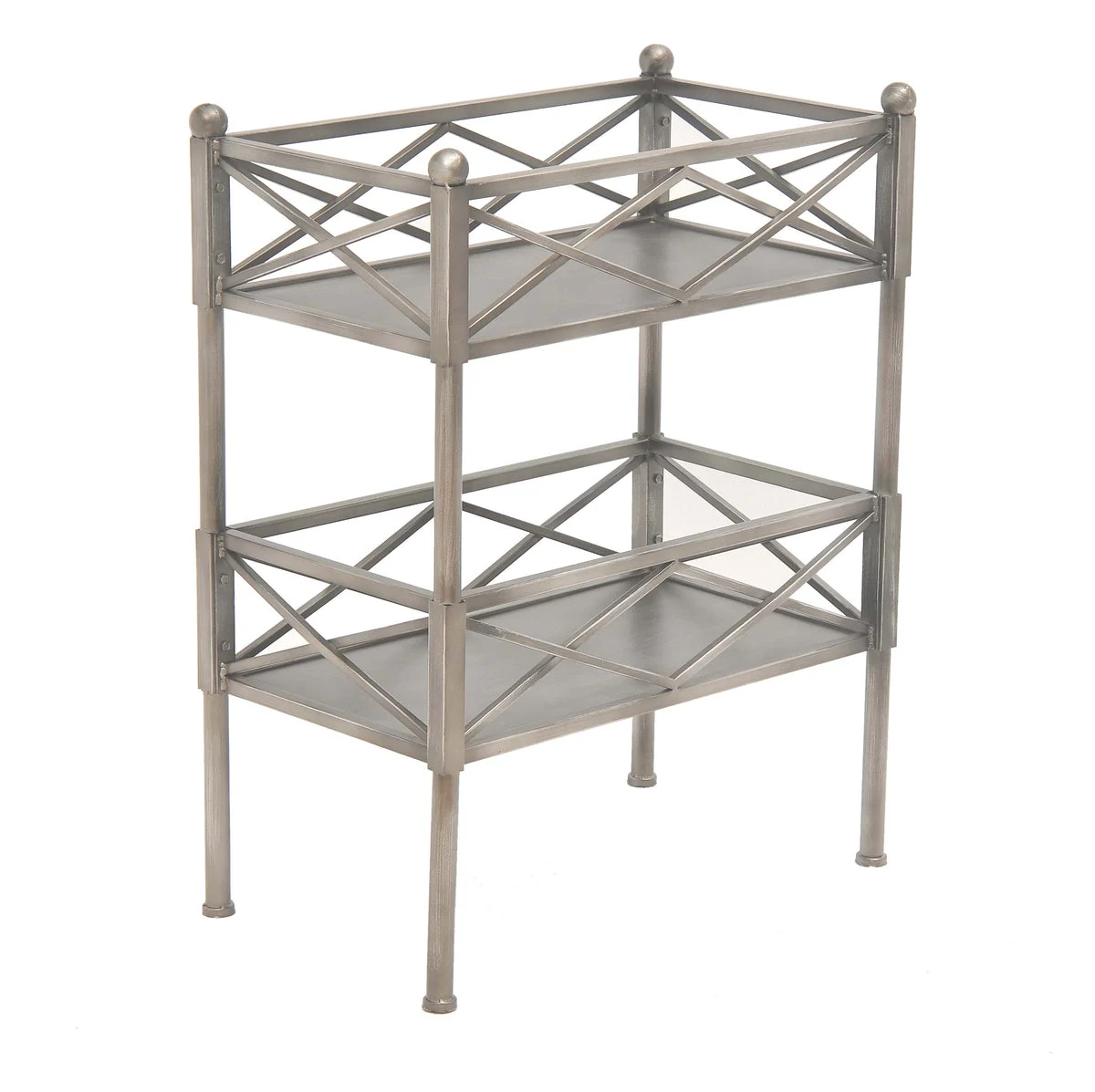 Benzara BM217285 2 Tier Metal Frame Storage Shelf with Geometric Details, Silver