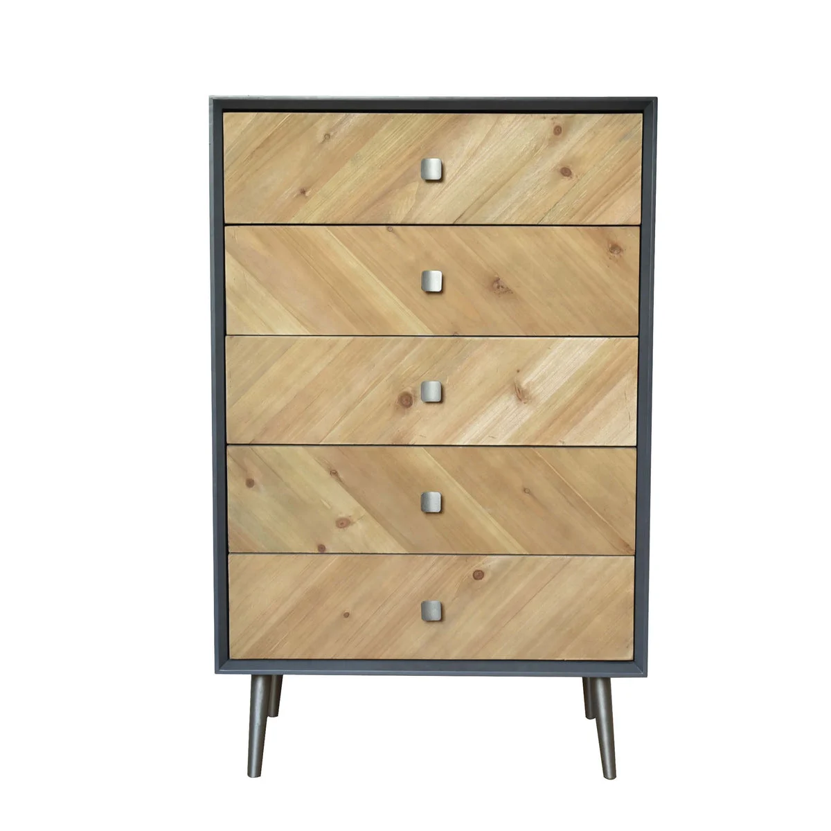 Benzara BM217287 Wooden Cabinet with 5 Drawers and Tapered legs, Brown and Gray