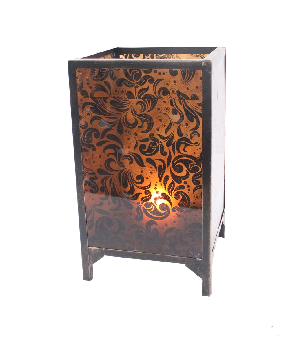 Benzara BM217296 Cuboidal Metal and Glass Filigree Candleholder, Black and Clear