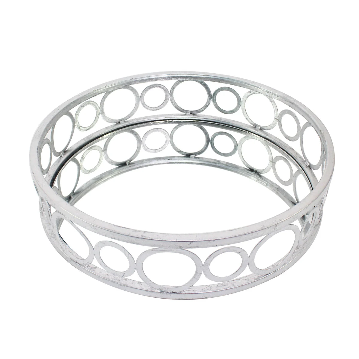 Benzara BM217298 Round Metal Tray with Geometric Mirror Panel inserts, Silver