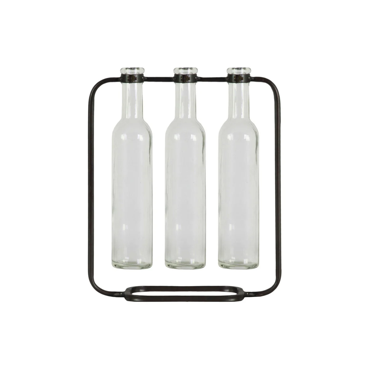 Benzara BM219121 Cluster Hanging Bud Vase Holder with 3 Tall Glass Bottles, Set of 2, Gray