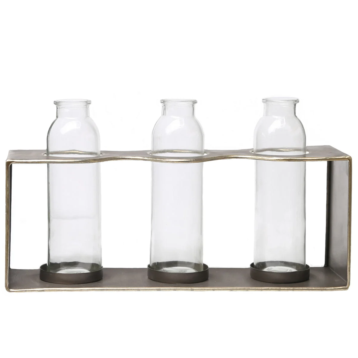 Benzara BM219133 Metal Rectangular Bud Vase Holder with 3 Glass Bottles, Set of 2, Copper