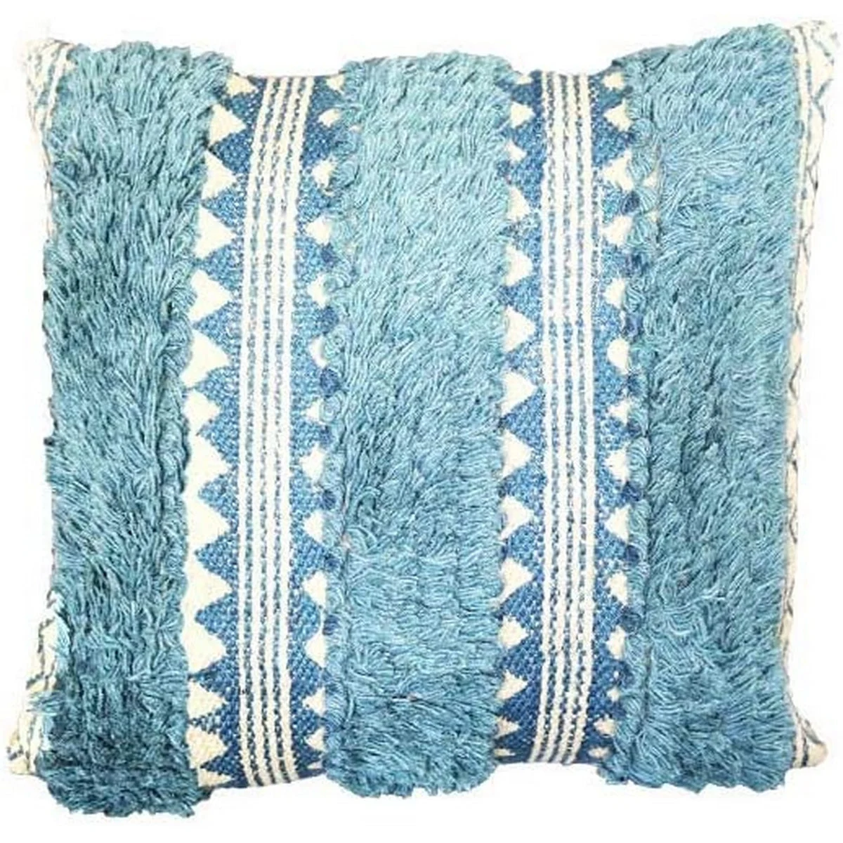 Benzara BM219717 18 x 18 Fringed and Block Printed Cotton Accent Pillow Cover, White and Blue