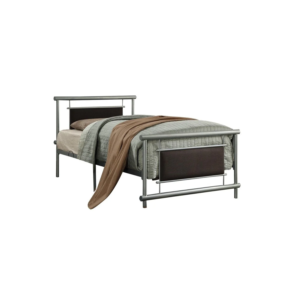 Benzara Metal Frame Twin Size Platform Bed with Fabric Padding, Silver and Brown