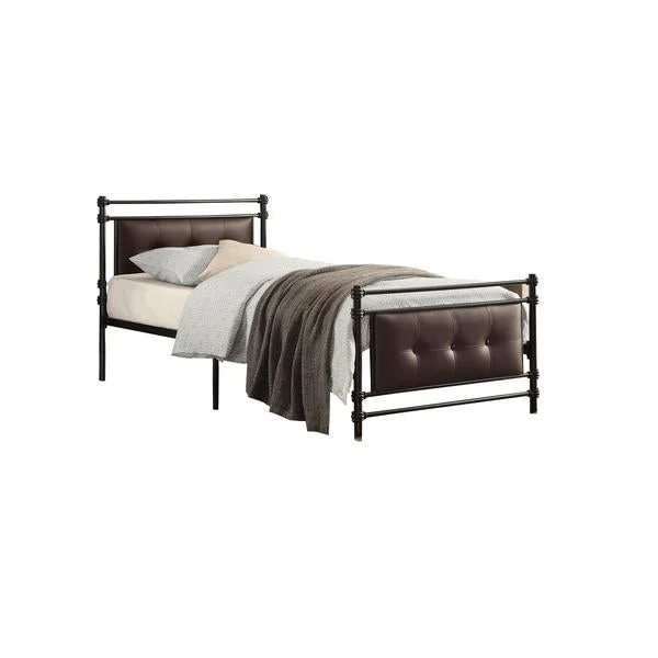 Benzara Twin Size Metal Platform Bed with Button Tufted Leatherette Padding, Black