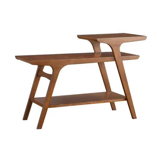 Benzara Mid Century 2 Tier Wooden Sofa Table with Tapered Flared Legs, Walnut Brown