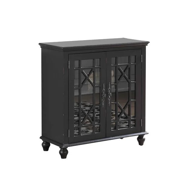 Benzara 2 Door Accent Chest with Glass Inlay Design and Turned Feet, Black