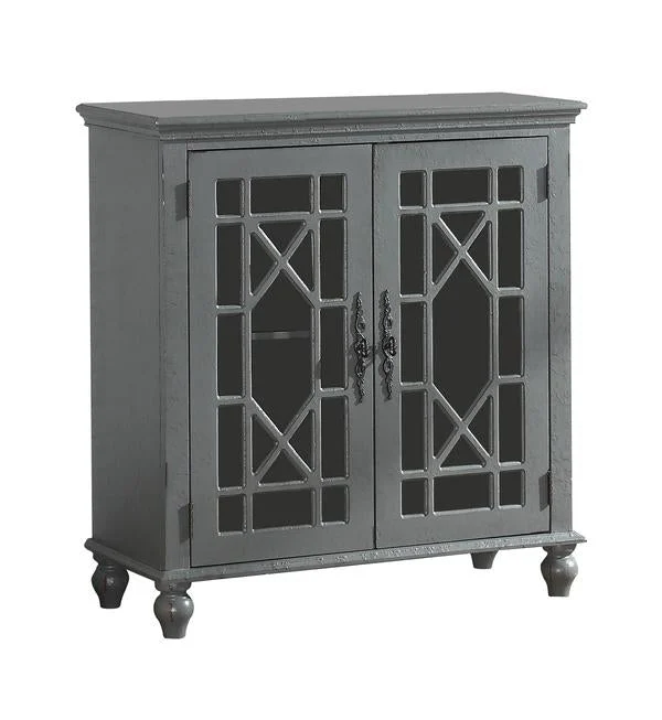 Benzara 2 Door Accent Chest with Glass Inlay Design and Turned Feet, Gray