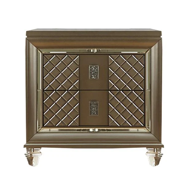 Benzara 2 Drawer Wooden Nightstand with Embossed Diamond Pattern, Champagne Gold