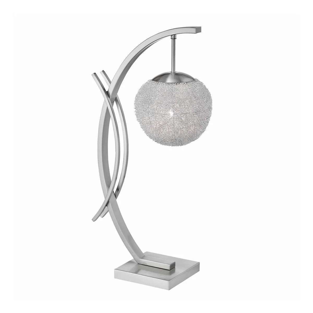 Benzara Floating Orb Table Lamp with Crescent Shaped Column Stand, Silver
