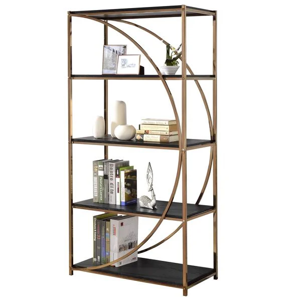Benzara Modern Style Half Circle Framed Bookcase with 4 Shelves, Gold and Black