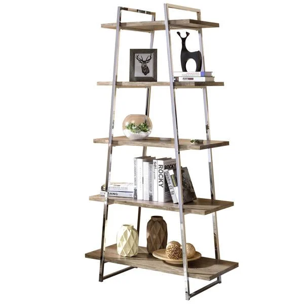 Benzara 5 Shelf Modern Style Metal Bookcase with Ladder Structure, Brown and Silver