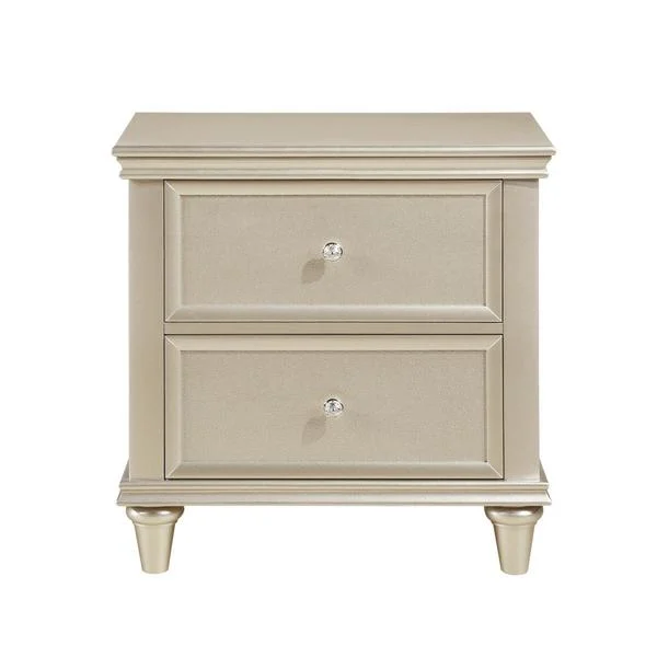 Benzara 2 Drawer Wooden Nightstand with Faux Crystal Knobs, Champagne Silver