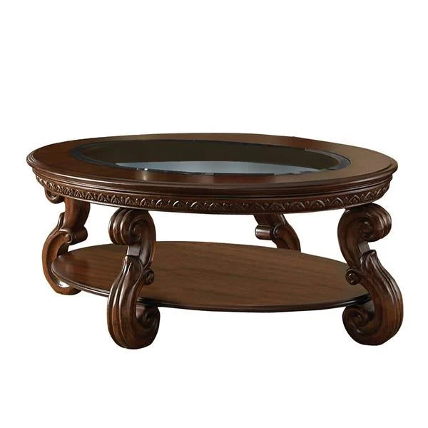 Benzara Oblong Shaped Wooden Cocktail Table with Scrolled Legs and Glass Top,Brown