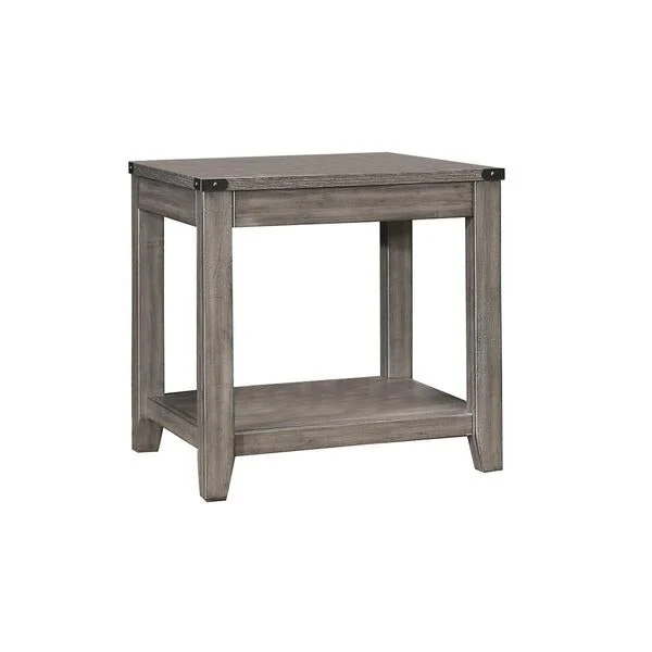Benzara Wooden End Table with Open Bottom Shelf and Corner Metal Brackets,Gray