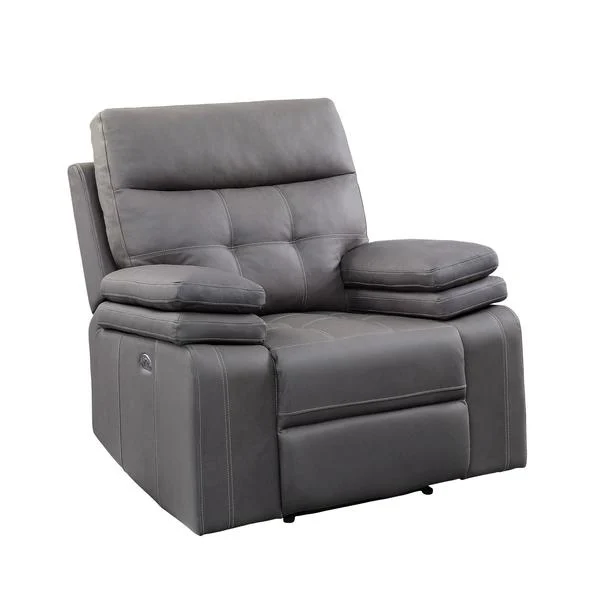 Benzara Leatherette Power Reclining Chair with Double Pillow Top armrests, Gray