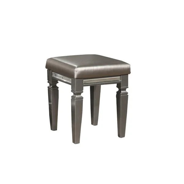 Benzara Faux Leather Padded Vanity Stool with Turned Tapered Legs, Silver