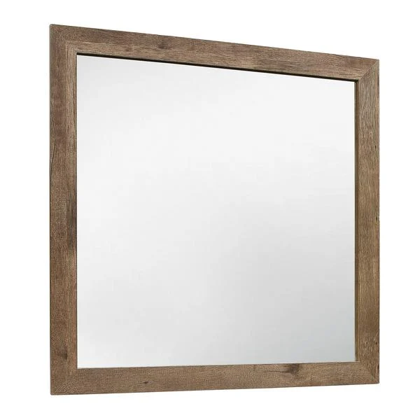 Benzara Square Wooden Frame Mirror with Rough Hewn Saw Texture, Brown and Silver