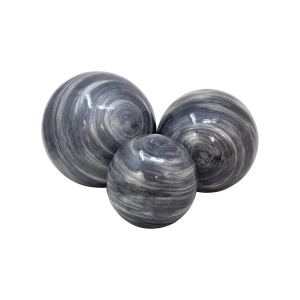 Benzara Transitional Style Spherical Glossy Metal Orb, Set of 3, Blue and Gray