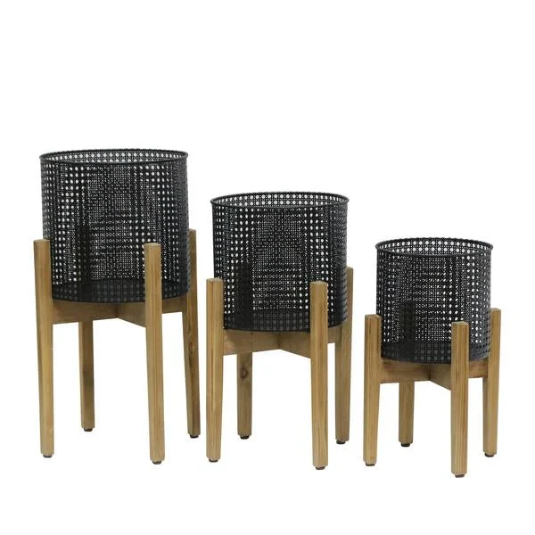 Benzara Transitional Metal Mesh Planter with Wooden Base, Set of 3, Black and Brown