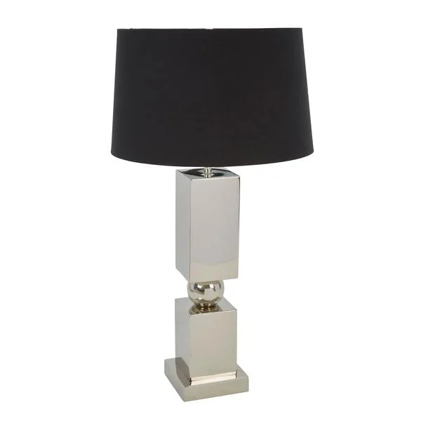 Benzara Stainless Steel Column Base Lamp with Tapered Drum Shade, Black and Silver