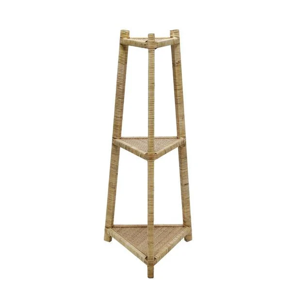 Benzara 37 Inch Wood and Rattan 3 Tier Corner Shelf, Natural Brown