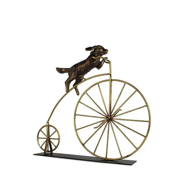 Benzara Dog on Penny Farthing Bicycle Metal Accent Decor with Flat Base, Brass