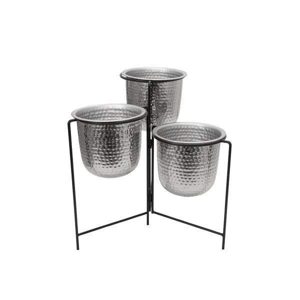 Benzara 3 Conjoined Hammered Metal Planter with Stands, Silver and Black