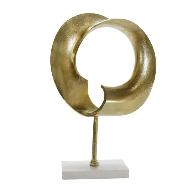 Benzara Industrial Round Disc Design Accent Decor with Marble Base, Large, Gold