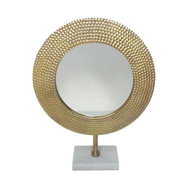 Benzara Hammered Metal Frame Round Standing Mirror with Block Base, Large, Gold
