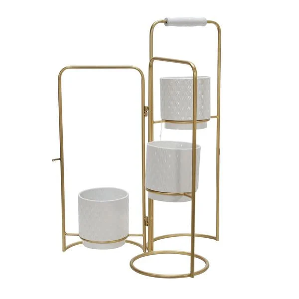 Benzara 3 Tier Round Shape Foldable Metal Planter with Tubular Frame,White and Gold